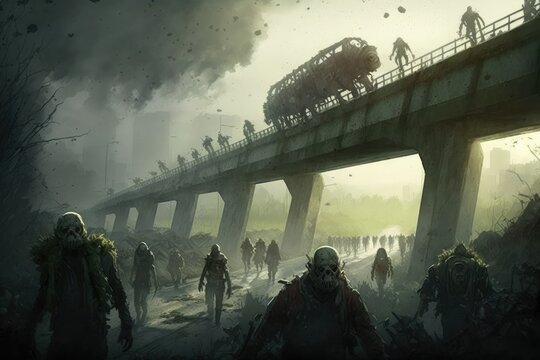 Zombies in destroyed city after apocalypse, zombies on top of bridge, Generative AI
