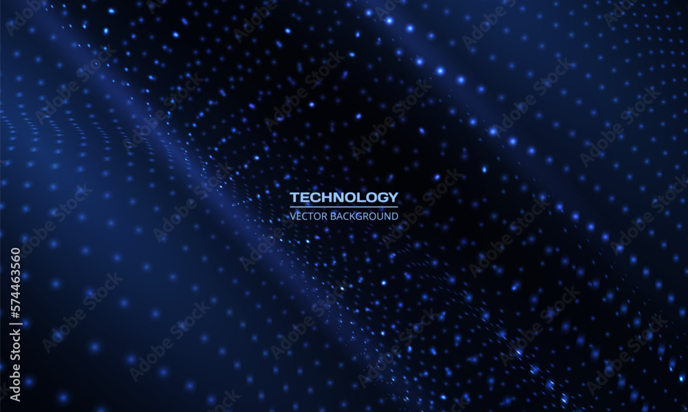 Poster Dark blue vector abstract technology digital wave of particles mesh background. Network illustration with particle. Artificial intelligence and big data digital technology abstract background.