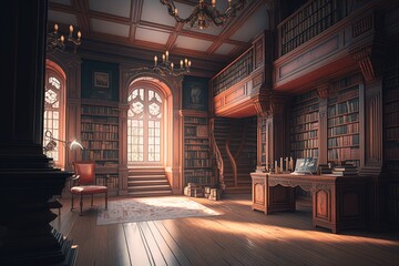 Old library interior with bookshelves, Generative AI

