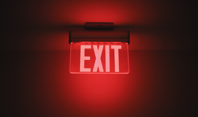 Hallway exit sign vibrant in corridor showing evacuation during emergency neon - Powered by Adobe