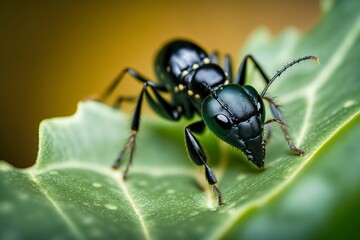 Fototapeta premium image, ant resting on a green leaf ,generative ai