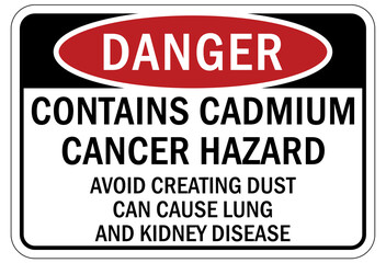 Cadmium chemical hazard sign and labels contains cadmium cancer hazard. Avoid creating dust, can cause lung and kidney disease