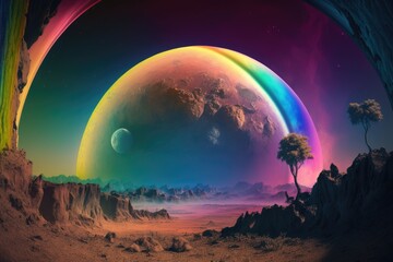 Fototapeta na wymiar Colorful exotic planet, natural landscape on exoplanet, Generative AI
