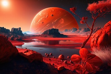 Red exotic planet, natural landscape on exoplanet, Generative AI
