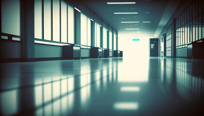 Defocused and empty hospital lobby. Blurred of Hospital - ideal for presentation background. Generative AI