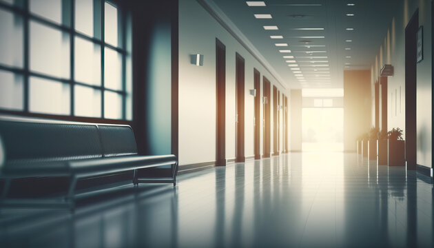 Defocused and empty hospital lobby. Blurred of Hospital - ideal for presentation background. Generative AI