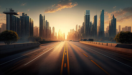 Naklejka na ściany i meble Empty road and city illustration, sun setting in the background. Generative AI