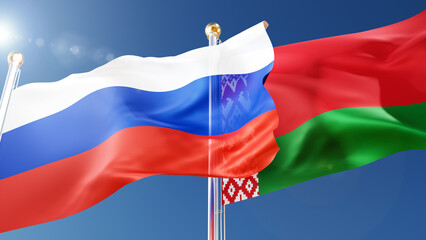 russia and belarus flags waving in the wind against a blue sky. russian, belarusian national symbols 3d rendering