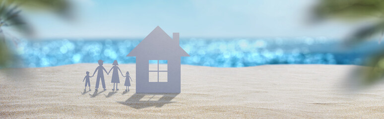 paper house and family on the beach sand - home buying/selling concept