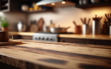 Obraz premium Wooden table over defocused empty kitchen. blurred kitchen utensils. Blurred of kitchen - ideal for presentation background. Generative AI