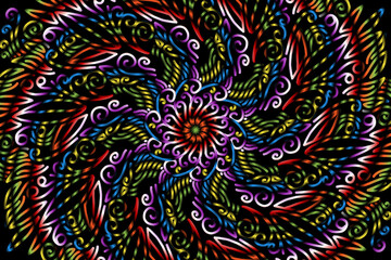 Beautiful caleidoscope symmetrical colourful gradient flowers line art of traditional abstract symbol batik dayak ornament design template elements

