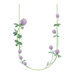 Capital letter U with floral motifs. Decorative font with blooming branches of red clover flower. Isolated vector illustration.