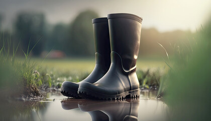 Black rubber boots stand in a puddle in the garden