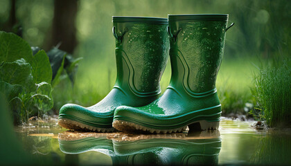 Green rubber boots stand in a puddle in the garden - obrazy, fototapety, plakaty