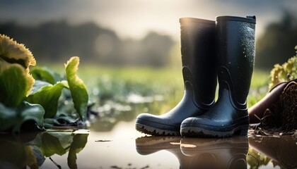 Black rubber boots stand in a puddle in the garden - obrazy, fototapety, plakaty