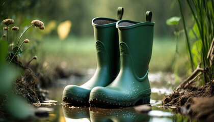 Green rubber boots stand in a puddle in the garden