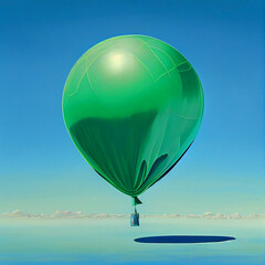 A single green balloon soaring high in the clear blue sky.