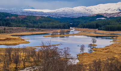 Scottish loch in the winter with mountains on the horizon
