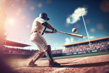 Batter hitting baseball on sunny day, concept of Athleticism and Outdoor Recreation, created with Generative AI technology - obrazy, fototapety, plakaty