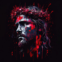 Abstract portrait of Jesus Christ wearing a crown of thorns. Generative ai