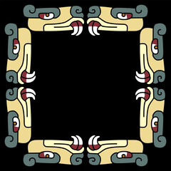 Rectangular frame with animal heads with big fangs. Native American art of Aztec Indians from Mexican codex. On black background.