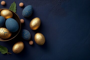 Blue and gold painted Easter eggs on blue background with copy space. Illustration AI