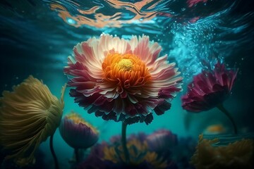 Fototapeta na wymiar Abstract underwater colorful flowers. Illustration AI