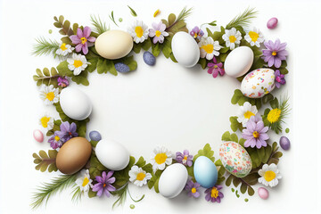 Naklejka na ściany i meble Beautiful Easter eggs with copy space on white background. Illustration AI