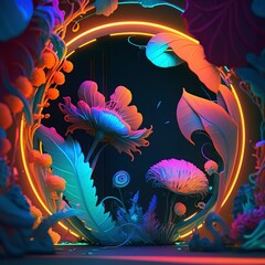 Obraz na płótnie Canvas illustration, portal with flowers and neon lights, fantasy, generative ai