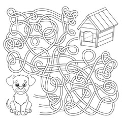Fototapeta na wymiar Game labyrinth, kids logic puzzle with cartoon dog. Maze for kindergarten and school children. Help cute puppy find the right road to dog house. Page of coloring book. Vector contour illustration.