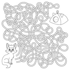 Labyrinth game for children. Kids maze puzzle with cartoon cat. Riddle Find way cute kitten to cat house. Education activity page. Coloring book. Vector contour illustration on white background.