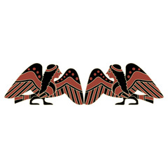 Symmetrical design with two funny ancient Greek Siren or Harpy. Half bird half woman. Fantastic mythological animal. Ethnic folk vase painting style. 