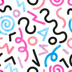 Geometric hand drawn colorful seamless pattern in memphis style. Vector abstract background