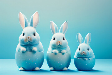 Cute little bunnies in egg shells on blue background. Easter holidays concept background. Illustration AI