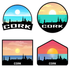 Cork Ireland Skyline Silhouette Retro Vintage Sunset Cork Lover Travel Souvenir Sticker Vector Illustration SVG EPS AI