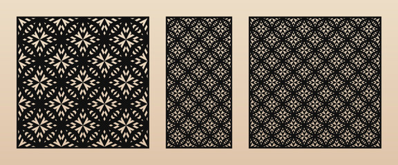 Laser cut pattern set. Vector design with elegant floral geometric ornament, stars, abstract grid. Template for cnc cutting, decorative panels of wood, metal, paper, plastic. Aspect ratio 1:2, 1:1