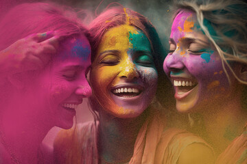 Womans celebrating the Indian Holi festival of colors and throwing multicolored powder in the air. The Hindu festival of colours in India or Nepal. Generative AI.