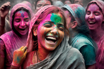 Holi color festival. Womans celebrating the Holi festival of colors and throwing multicolored powder in the air. Spring Festival. The Hindu festival of colours in India or Nepal. Generative AI.