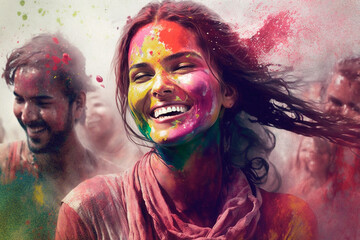 Woman celebrating Holi color festival with multicolored holi powder, covered with vibrant pigments of Holi powders. The Hindu festival of colours in India or Nepal. Spring Festival. Generative AI.