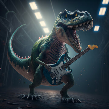 Epic rocker T-rex tyrannosaurus rex dinosaur with guitar, Generative AI