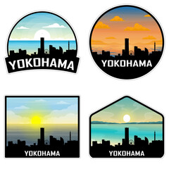 Yokohama Japan Skyline Silhouette Retro Vintage Sunset Yokohama Lover Travel Souvenir Sticker Vector Illustration SVG EPS AI