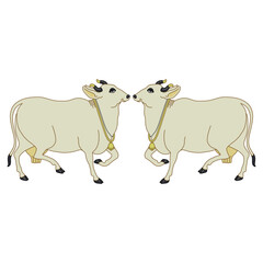 Symmetrical animal design with two white Indian cows. Sacred Hindu animal.