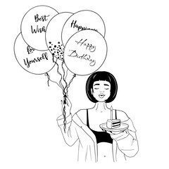 Girl with a short hair with bundle of Birthday balloons and piece of cake vector outline illustration. Young woman with a gelium balloons with birthday wishes and piece of cake linear vector art.