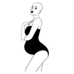 Pregnant bald Girl in black lingerie standing sideways linear vector illustration. Pretty bald pregnant woman in black swimsuit hair vector outline. Design for fashion, lingerie, swimsuits, web design