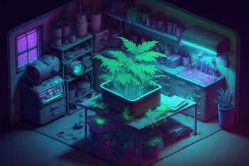 Home-grown marijuana. Cannabis in the flowerpot.under uv light created with generative ai