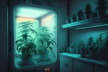 Home-grown marijuana. Cannabis in the flowerpot.under uv light created with generative ai