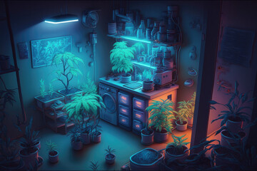 Home-grown marijuana. Cannabis in the flowerpot.under uv light created with generative ai