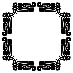 Rectangular frame or square ornament with fanged animal heads. Native American design of Aztec Indians from Mexican codex. Black and white silhouette.