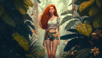 Obraz na płótnie Canvas beautiful girl with red hair walking in the forest, Portrait of woman in rain forest, generative AI