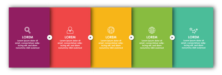 Business infographic process with blocks template design with icons and 5 options or steps. Professional inforgraphic or info chart template isolated on white background with multiple colours	
